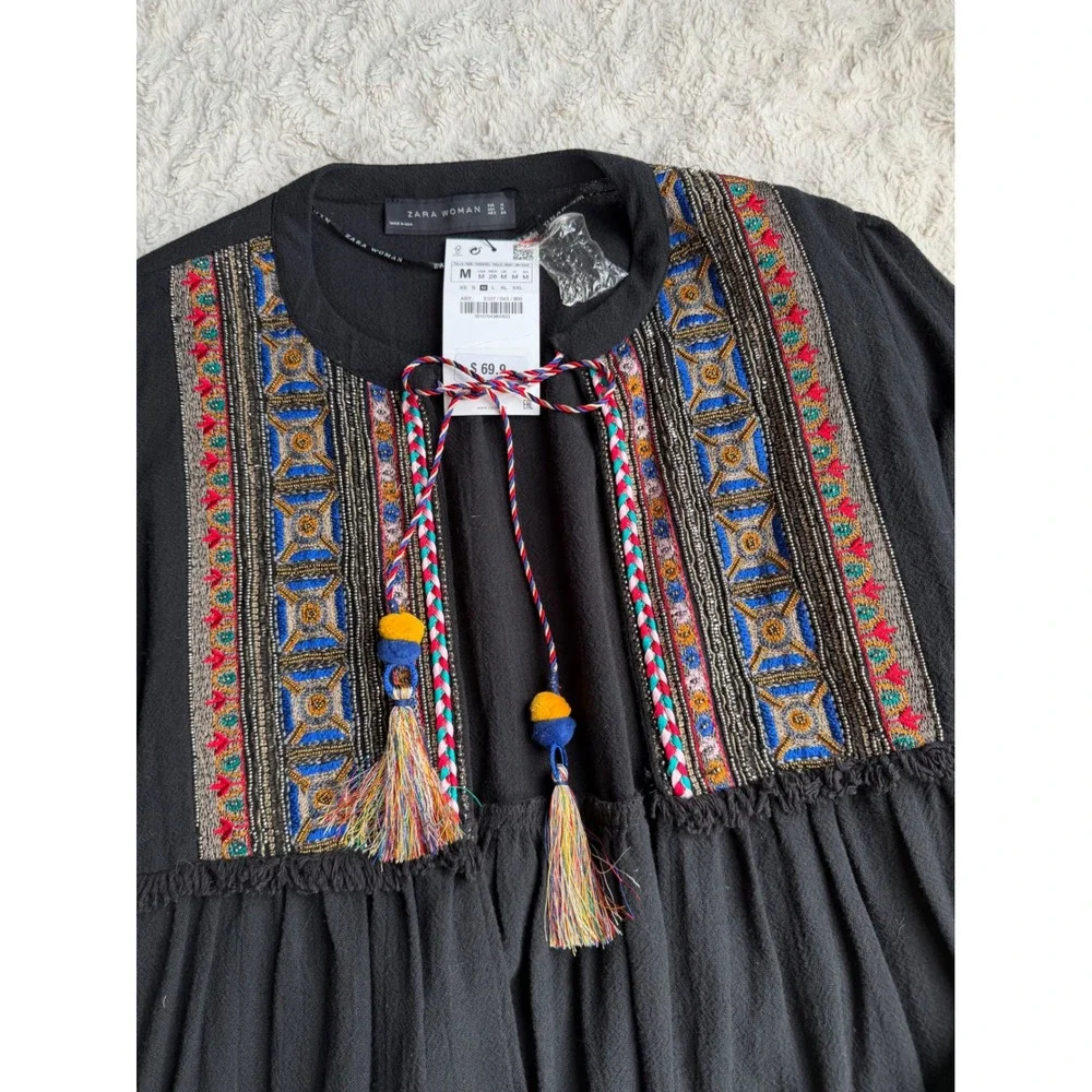 New Zara Beaded Folk Embroidered Tassel‎ Boho Blouse Balloon Sleeve Top NWT M